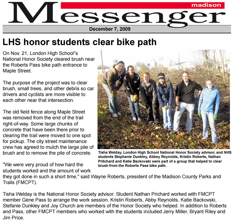 12-07-09 - Madison Messenger article:  LHS honor students clear bike path