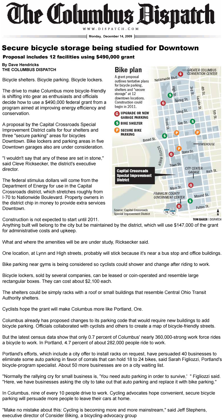 12-14-09 - Columbus Dispatch article:  Secure bicycle storage being studied for Downtown