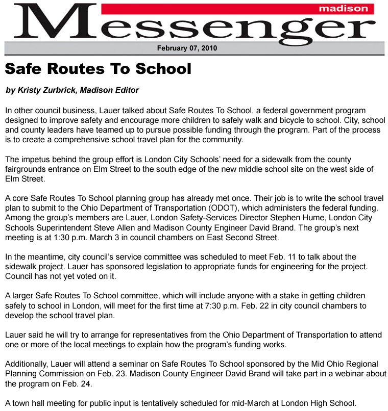 02-07-10 - Madison Messenger article:  Safe Routes To School