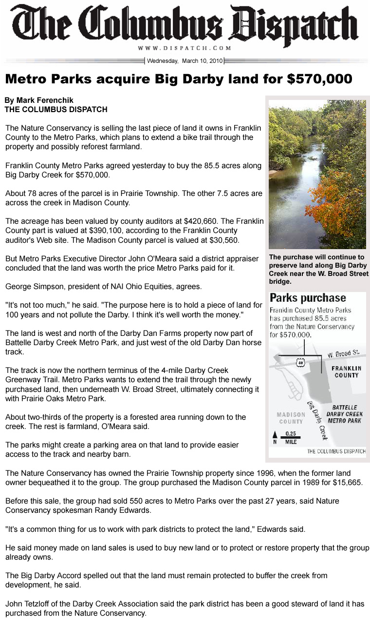 03-10-10 - Columbus Dispatch article:  Metro Parks acquire Big Darby land for $570,000