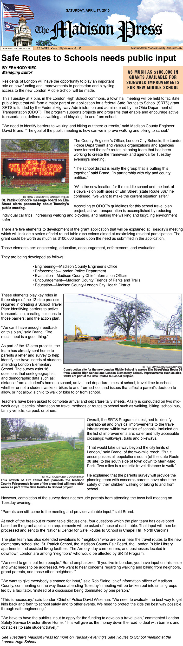 04-17-10 - Madison Press article:  Safe Routes to Schools needs public input