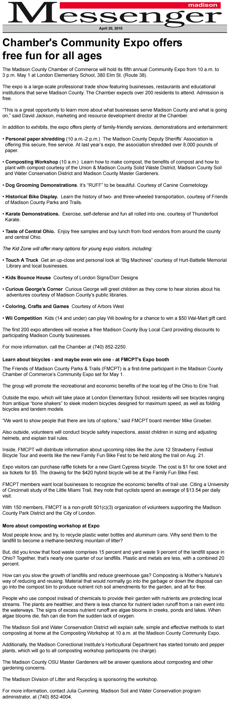 04-20-10 - Madison Messenger article:  Chamber's Community Expo offers free fun for all ages