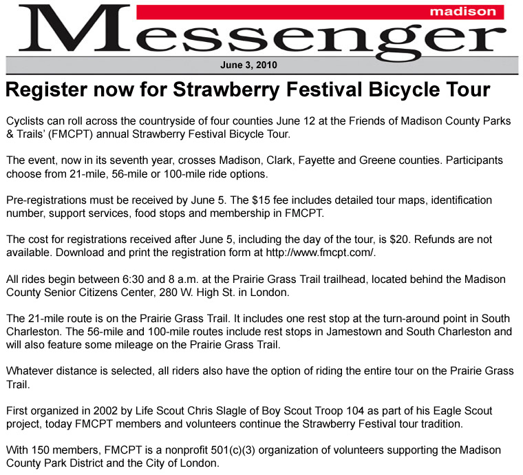 06-03-10 - Madison Messenger article:  Register now for Strawberry Festival Bicycle Tour