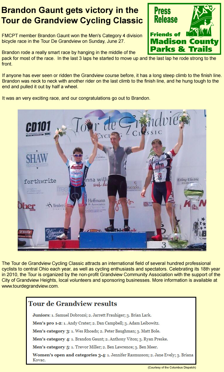 06-28-10 - FMCPT Press Release:  FMCPT member Brandon Gaunt gets victory in the Tour de Grandview Cycling Classic