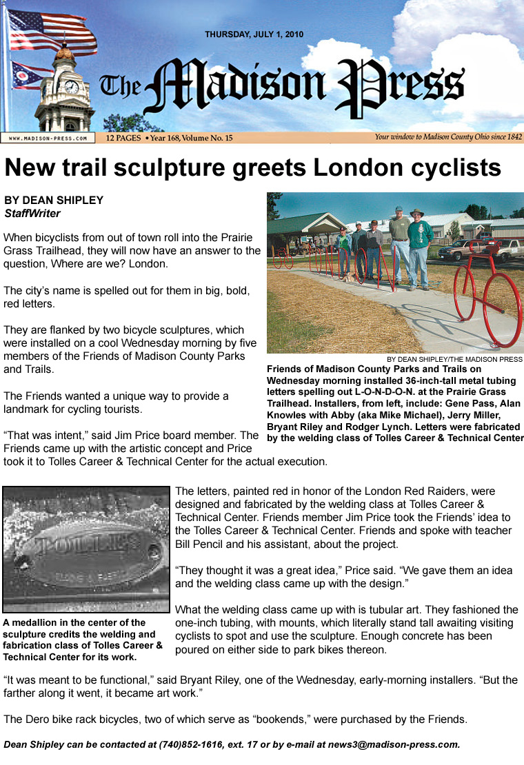 07-01-10 - Madison Press article:  New trail sculpture greets London cyclists