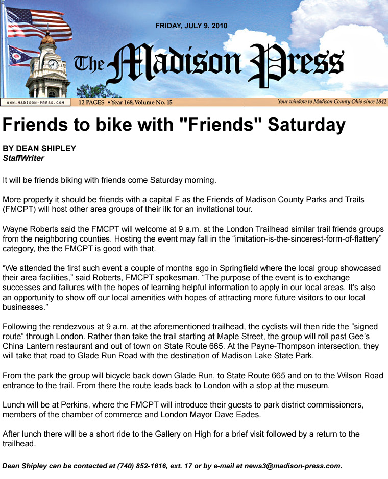 07-09-10 - Madison Press article:  Friends to bike with "Friends" Saturday