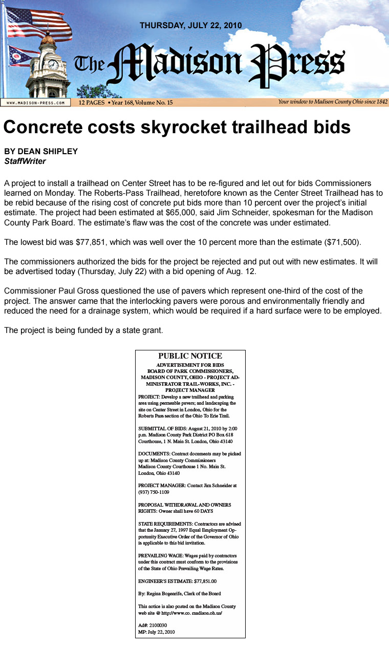 07-22-10 - Madison Press article:  Concrete costs skyrocket trailhead bids