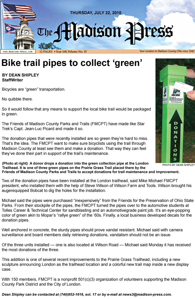 07-22-10 - Madison Press article:  Bike trail pipes to collect ‘green’