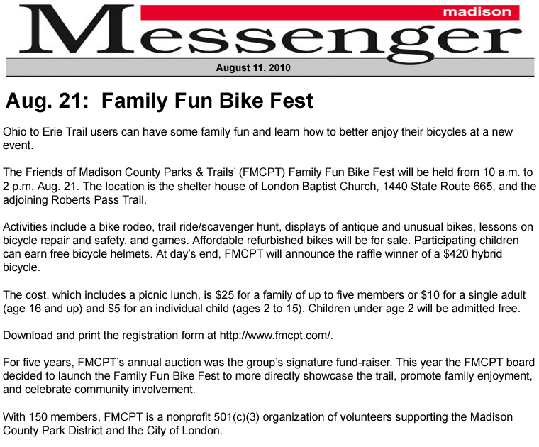 08-11-10 - Madison Messenger article:  Family Fun Bike Fest