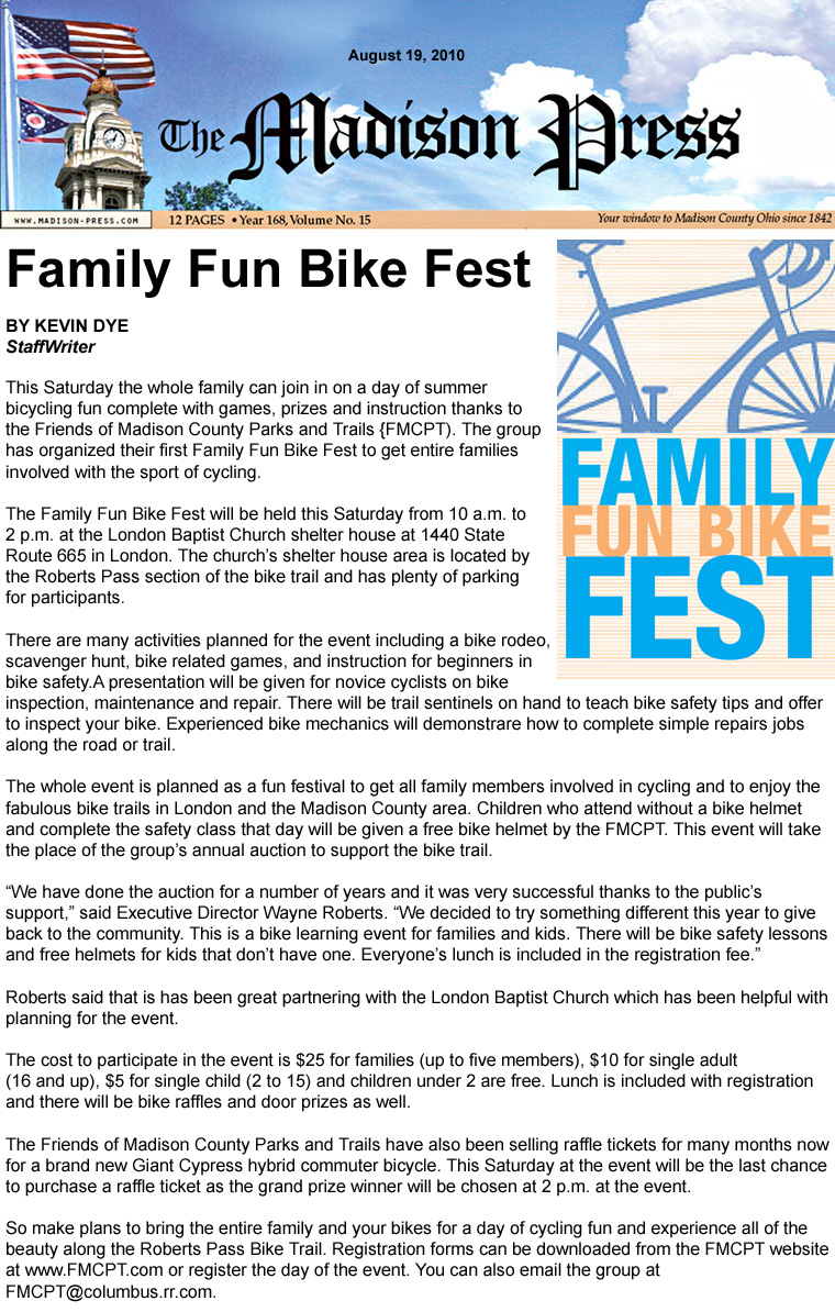 08-19-10 - Madison Press article:  Family Fun Bike Fest