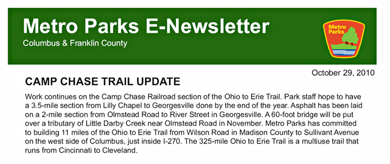 10-29-10 - Metro Parks E-Newsletter:  Camp Chase Trail update