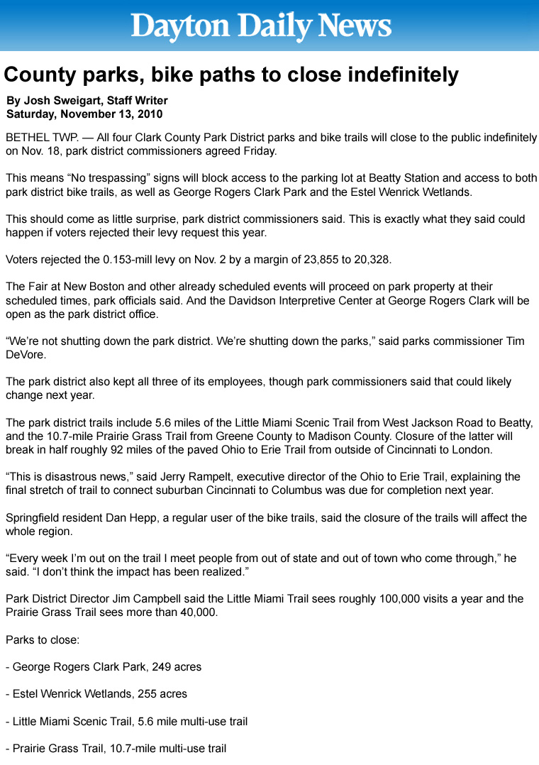 11-13-10 - Dayton Daily News article:  County parks, bike paths to close indefinitely