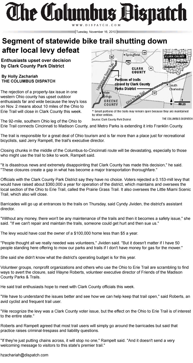 11-16-10 - Columbus Dispatch article:  Segment of statewide bike trail shutting down after local levy defeat