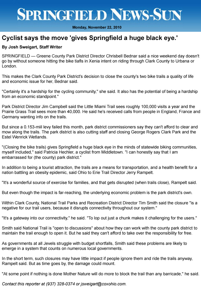 11-22-10 - Springfield News Sun article:  Cyclist says the move 'gives Springfield a huge black eye.'