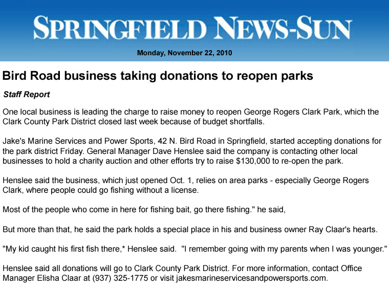 11-22-10 - Springfield News Sun article:  Bird Road business taking donations to reopen parks