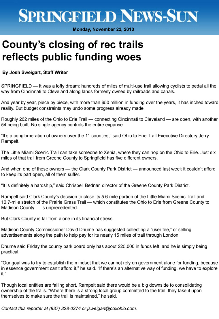 11-22-10 - Springfield News Sun article:  County’s closing of rec trails reflects public funding woes