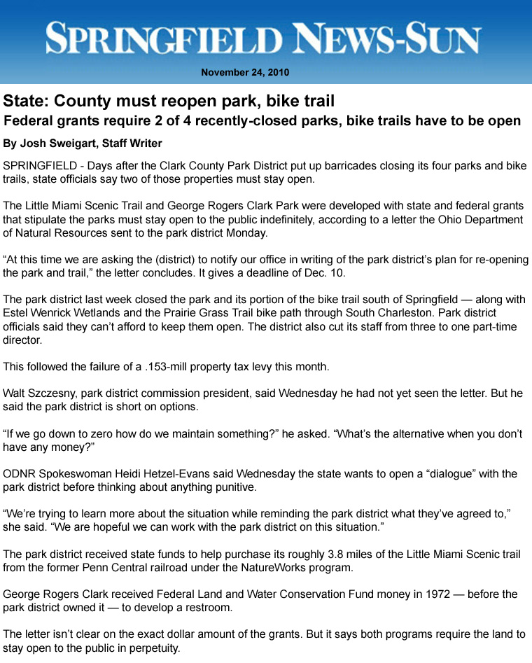 11-24-10 - Springfield News Sun article:  County must reopen park, bike trail