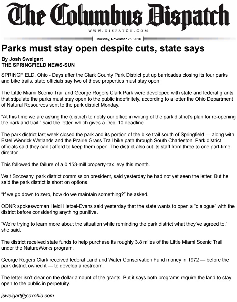 11-25-10 - Columbus Dispatch article:  Parks must stay open despite cuts, state says