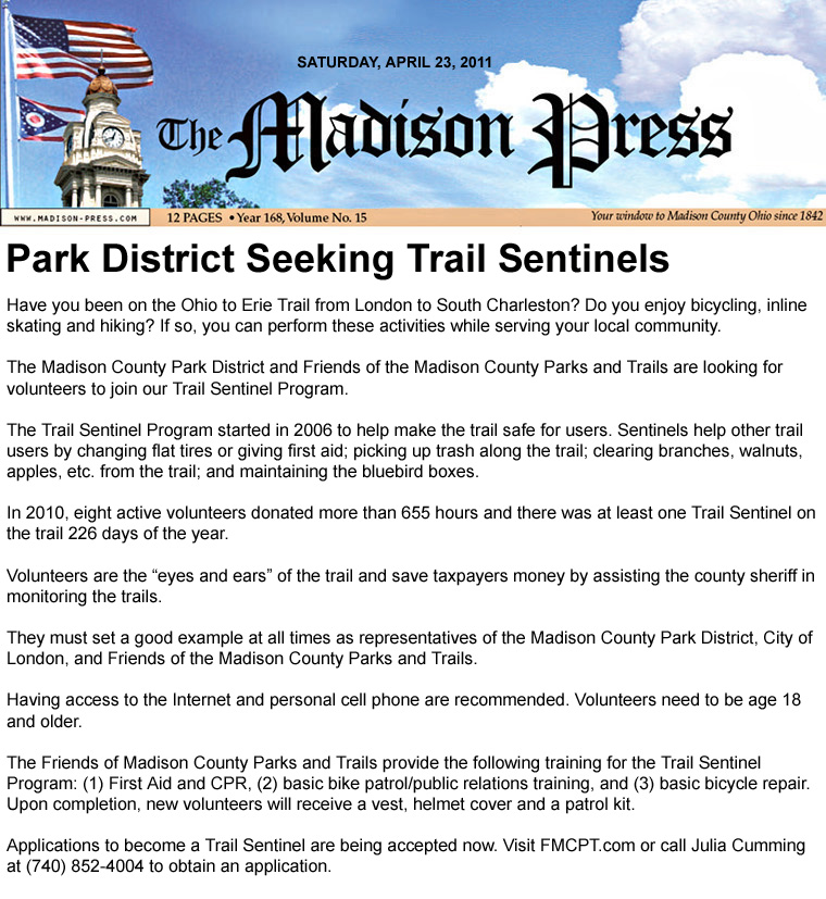 04-23-11 - Madison Press article: Park District Seeking Trail Sentinels