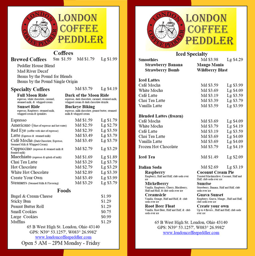 London Coffee Peddler menu