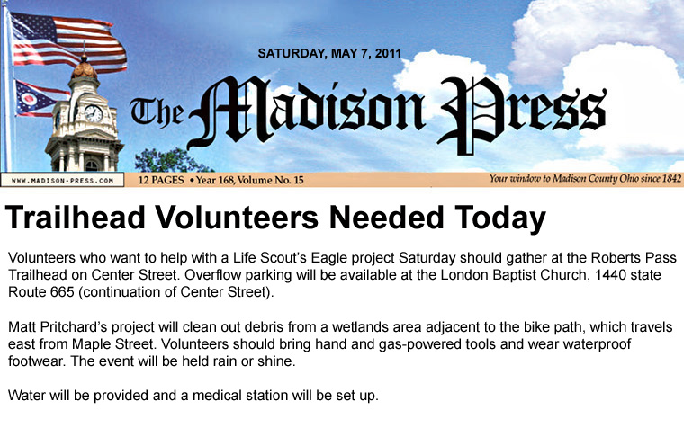 05-07-11 - Madison Press article: Trailhead Volunteers Needed Today 