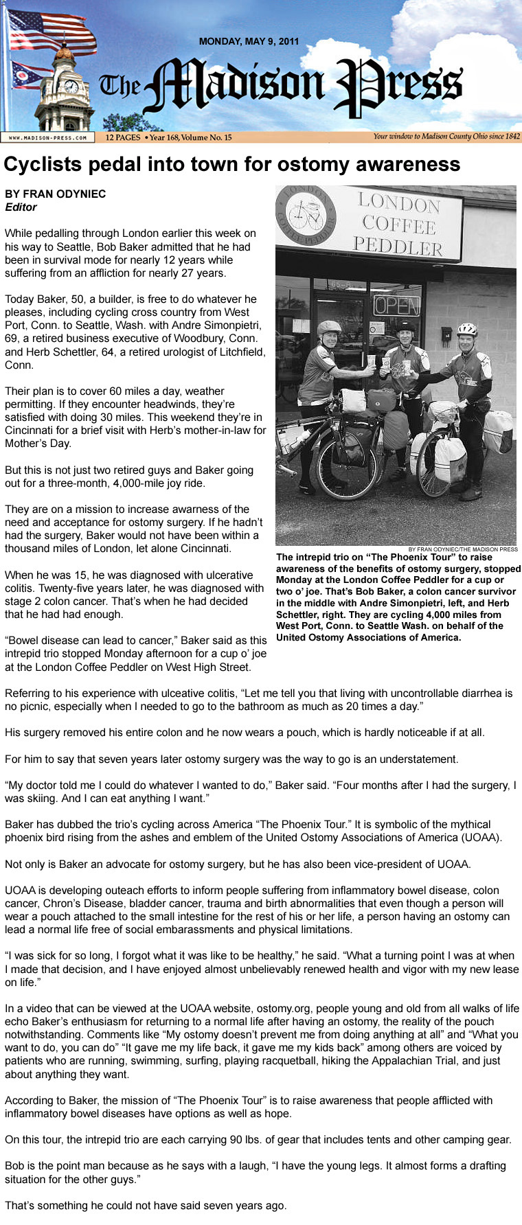 05-09-11 - Madison Press article: Cyclists pedal into town for ostomy awareness