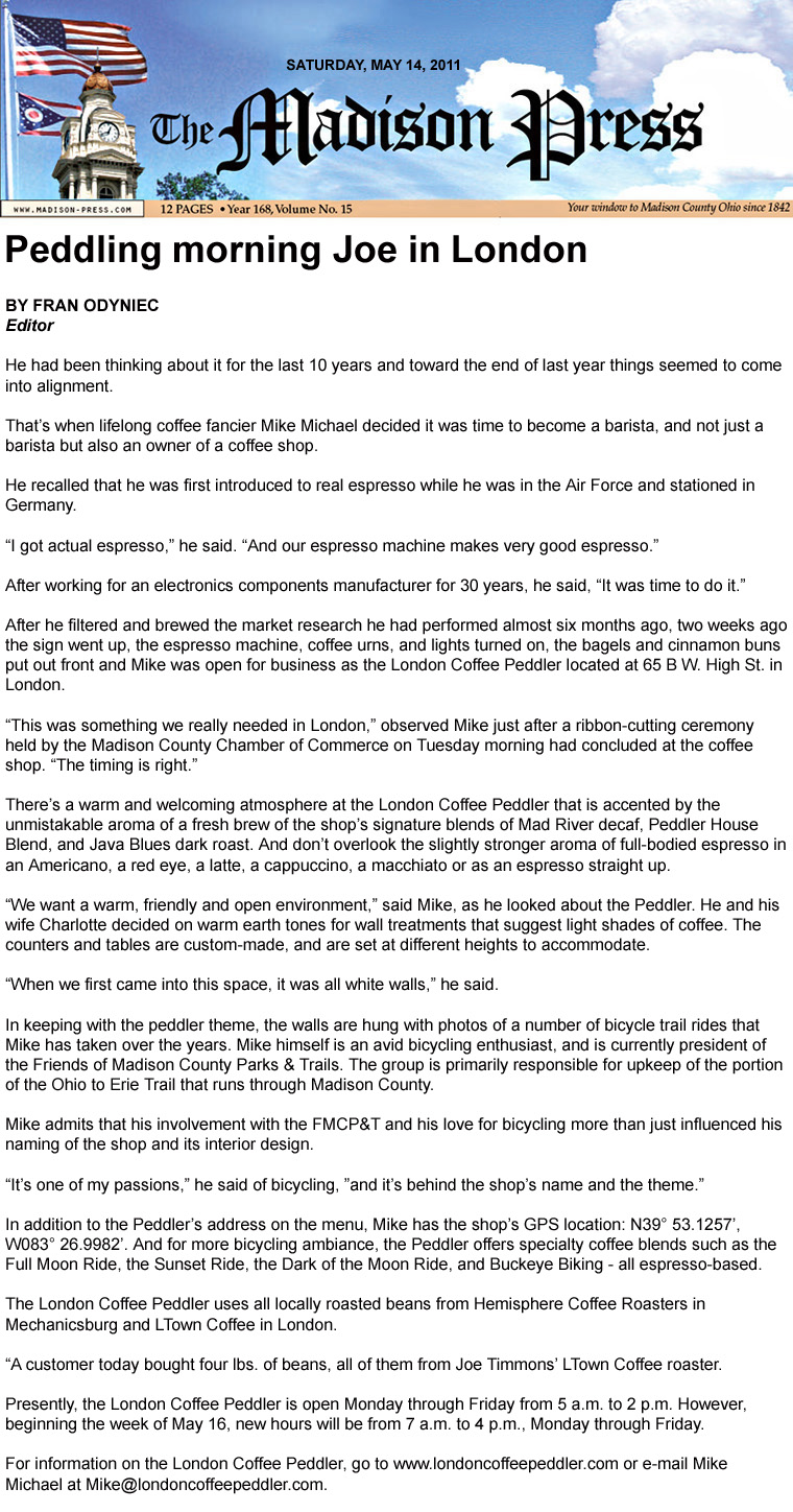 05-14-11 - Madison Press article: Peddling morning Joe in London