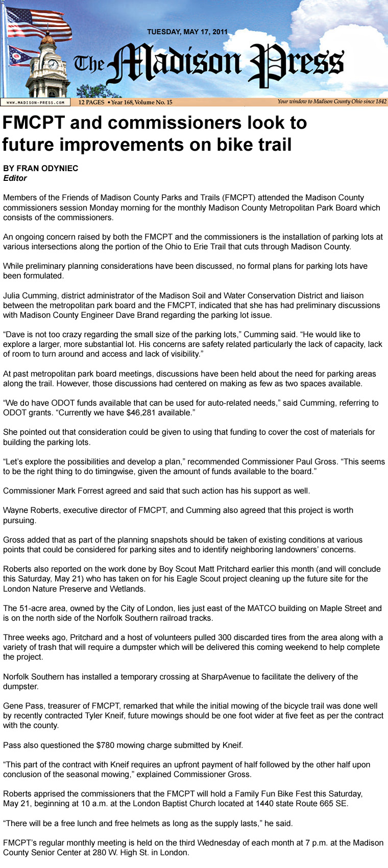 05-17-11 - Madison Press article: FMCPT and commissioners look to future improvements on bike trail