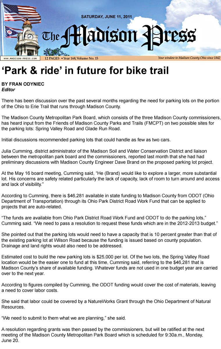 06-11-11 -  Madison Press article: ‘Park & ride’ in future for bike trail