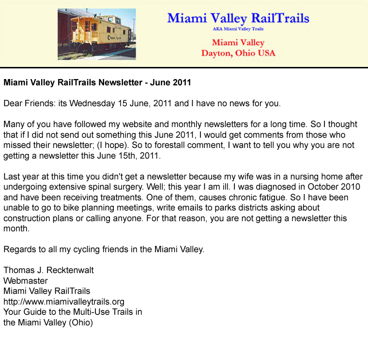 06-15-11 - Important message from Miami Valley RailTrails regarding monthly newsletter for June.