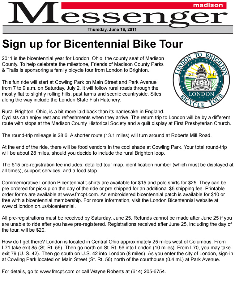 06-16-11 - Madison Messenger article:  Sign up for Bicentennial Bike Tour