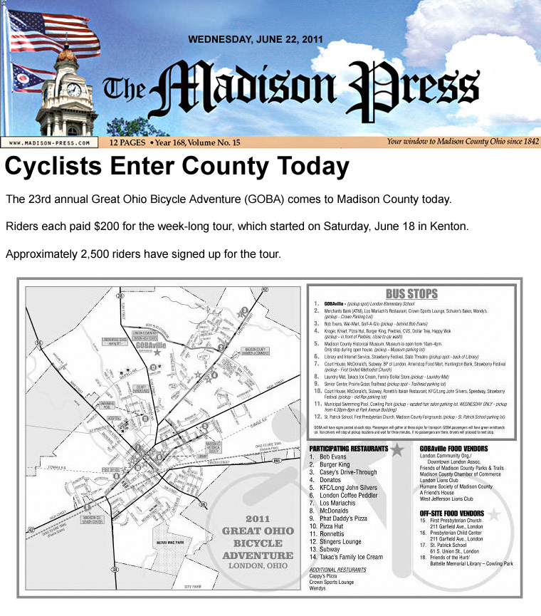 06-22-11 - Madison Press article:  Cyclists Enter County Today