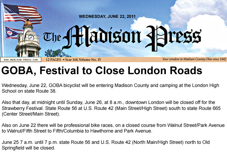 06-22-11 - Madison Press article:  GOBA, Festival to Close London Roads