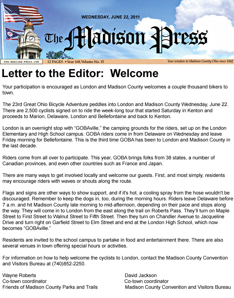 06-22-11 - Madison Press Letter to the Editor:  Welcome