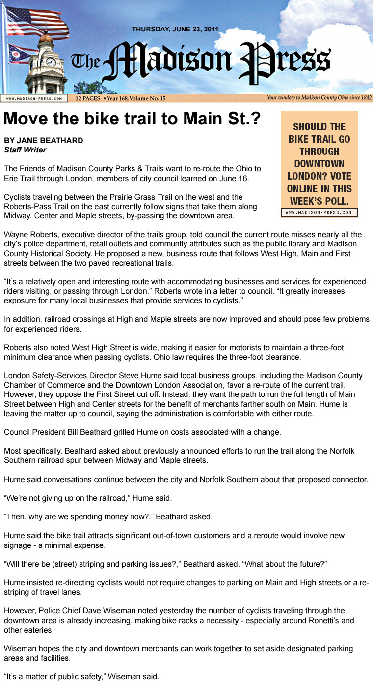 06-23-11 - Madison Press article: Move the bike trail to Main St.?