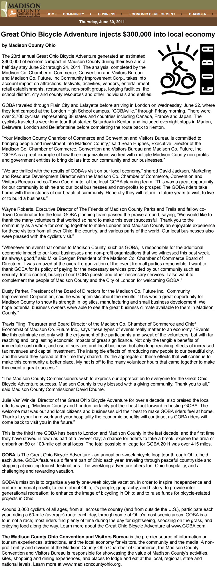 06-30-11 - Madison County Ohio Convention and Visitors Bureau article:  Great Ohio Bicycle Adventure injects $300,000 into local economy