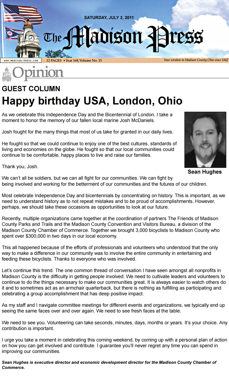 07-02-11 - Madison Press Guest Column: Happy birthday USA, London, Ohio