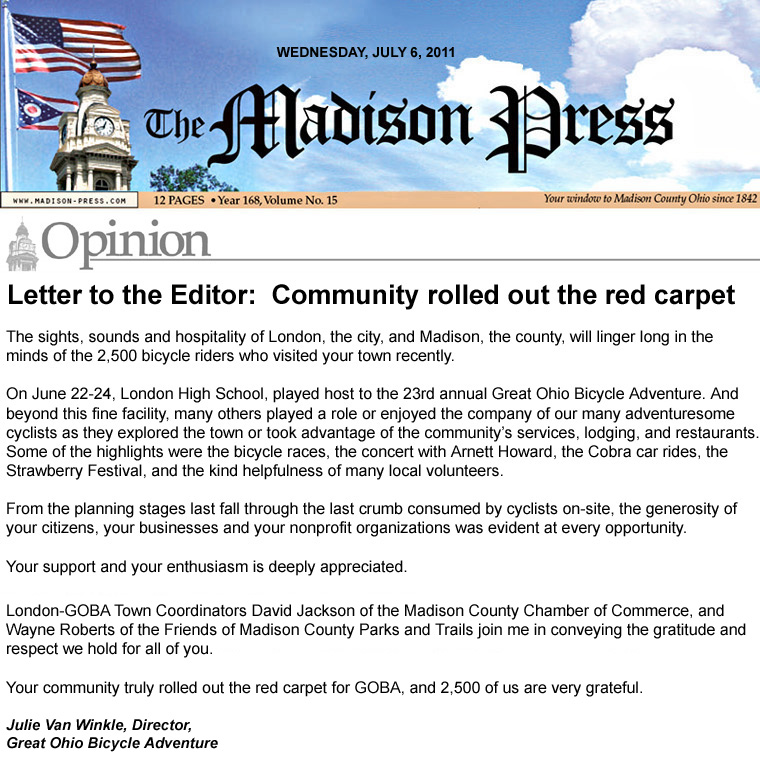 07-06-11 - Madison Press Letter to the Editor:  Community rolled out the red carpet 