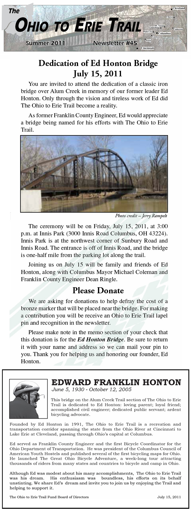 07-10-11 - Ohio to Erie Trail Summer Newsletter:  Dedication of Ed Honton Bridge - July 15, 2011