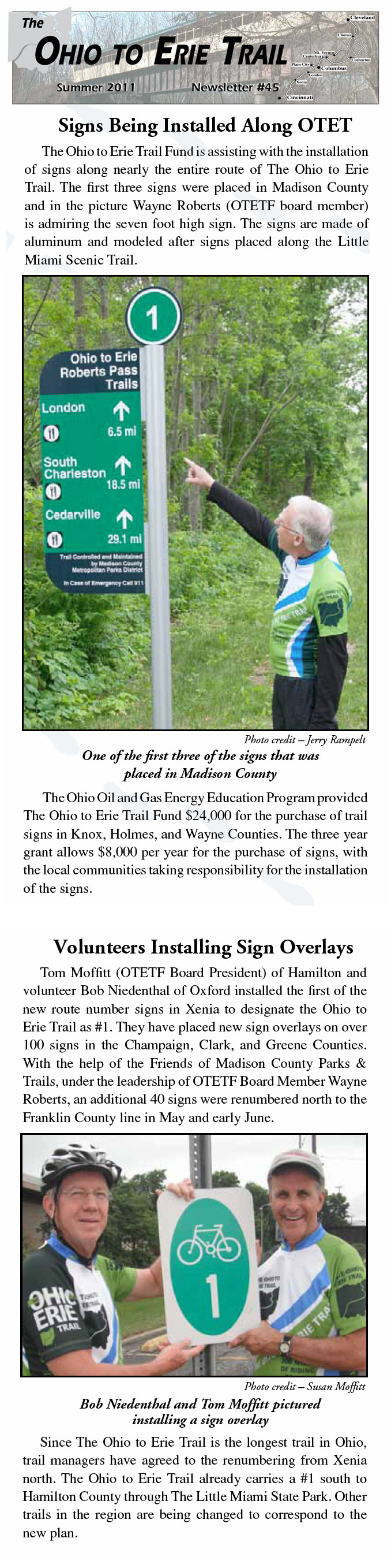 07-10-11 - Ohio to Erie Trail Summer Newsletter:  Signs Being Installed