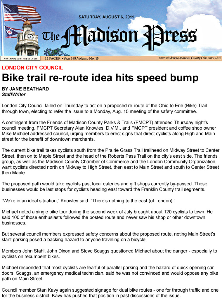 08-06-11 - Madison Press article: Bike trail re-route idea hits speed bump