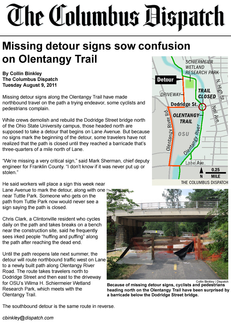 08-09-11 - Columbus Dispatch article: Missing detour signs sow confusion on Olentangy Trail