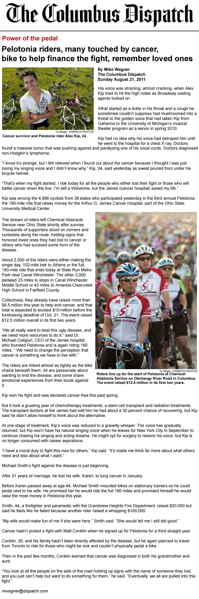 08-21-11 - Columbus Dispatch article:  Pelotonia riders, many touched by cancer, bike to help finance the fight, remember loved ones