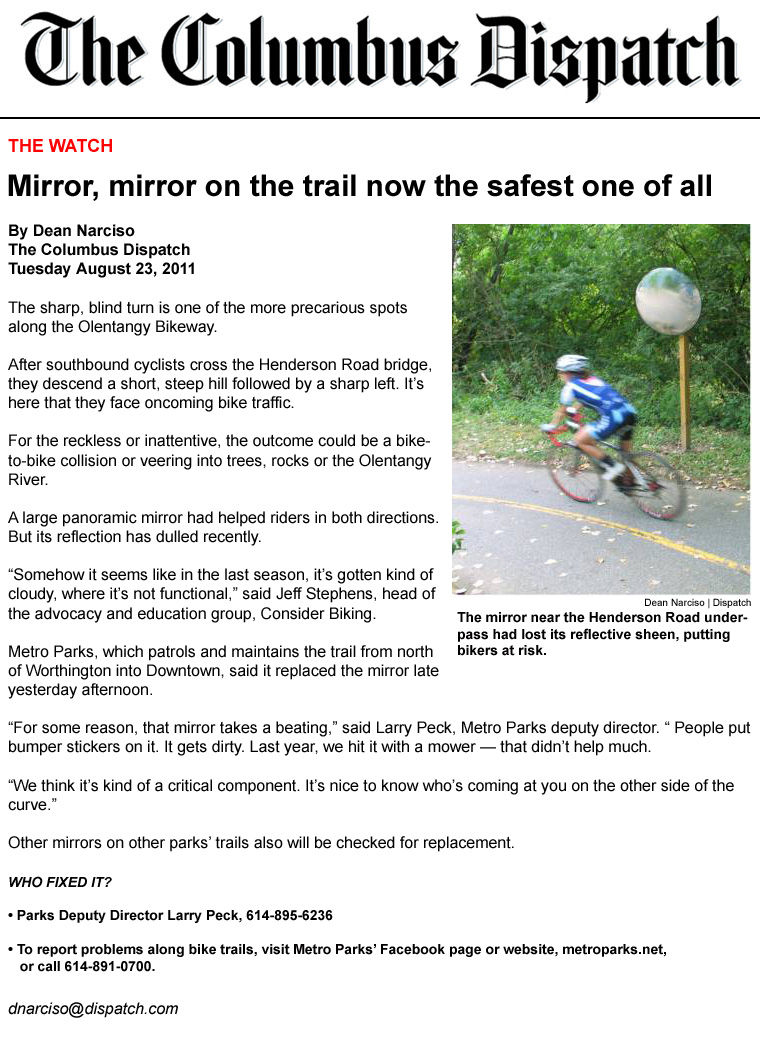 08-23-11 - Columbus Dispatch article: Mirror, mirror on the trail now the safest one of all