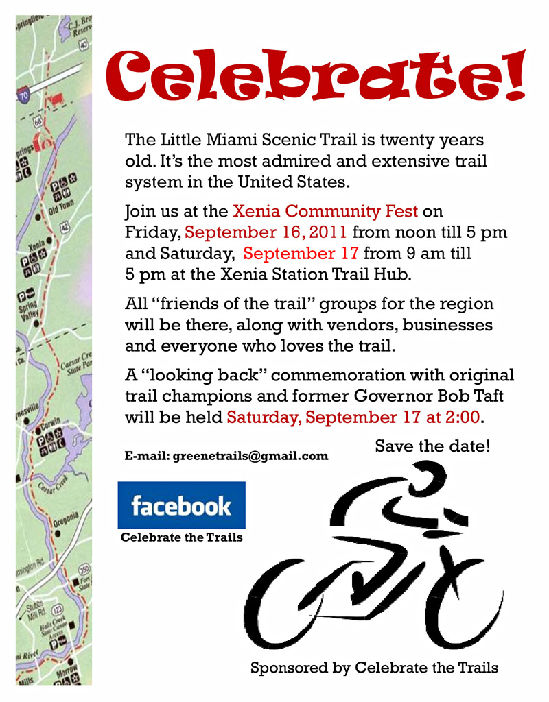 08-24-11 - Spend a weekend with Friends as we celebrate the 20th anniversary of the Little Miami Scenic Trail at Xenia Station Friday Sept 16th and Saturday Sept 17th.