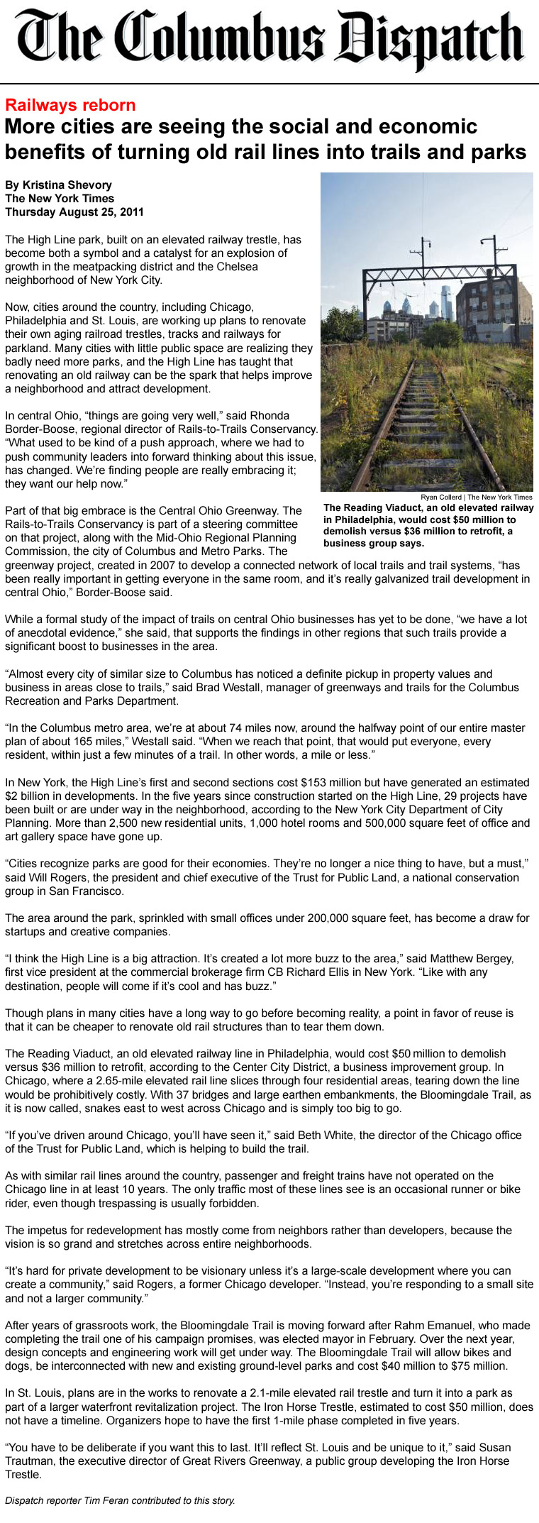 08-25-11 - Columbus Dispatch article:  More cities are seeing the social and economic benefits of turning old rail lines into trails and parks