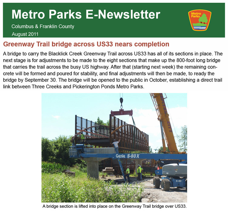 08-31-11 - Metro Parks E-Newsletter:  Greenway Trail bridge across US33 nears completion