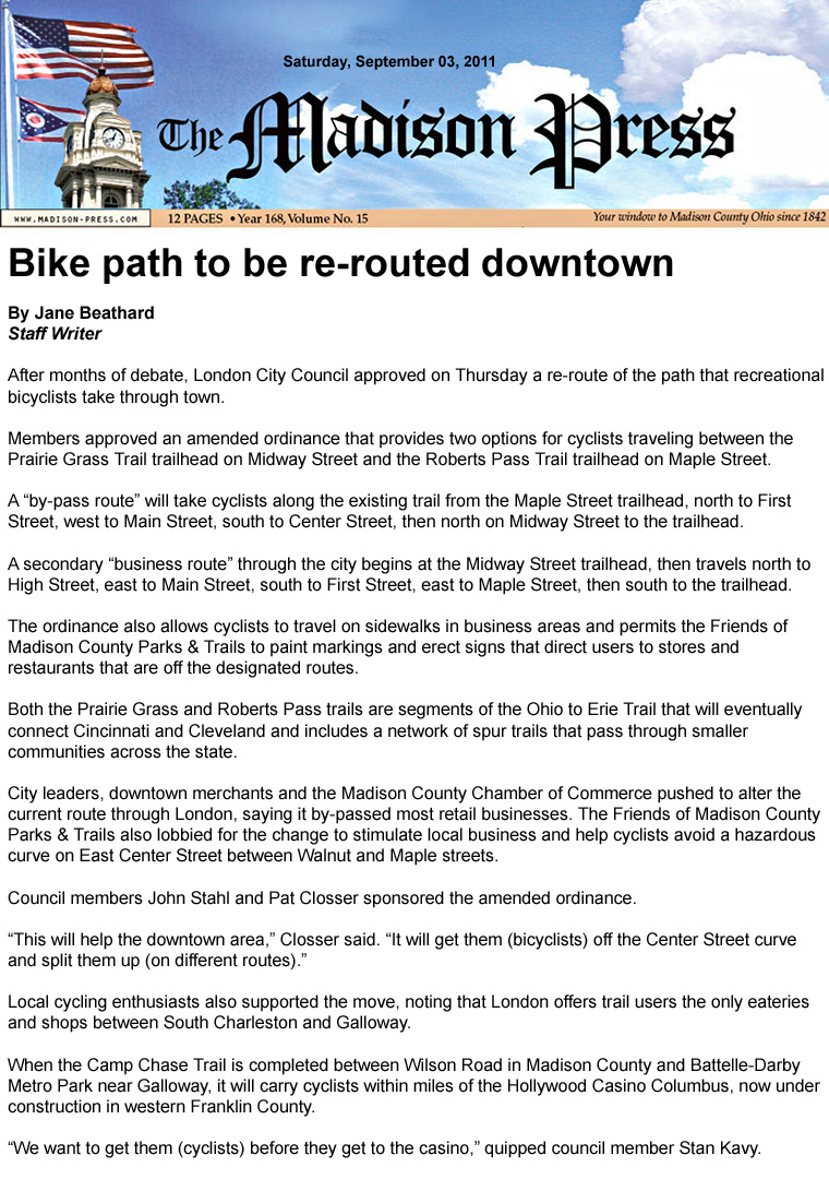 09-03-11 - Madison Press article: Bike path to be re-routed downtown