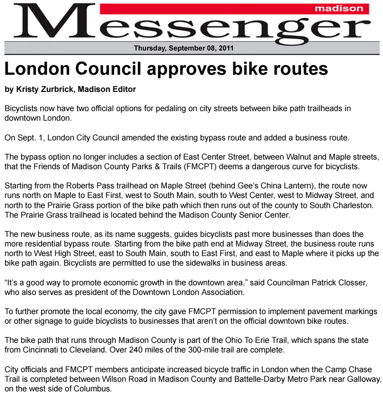 09-08-11 - Madison Messenger article: London Council approves bike routes