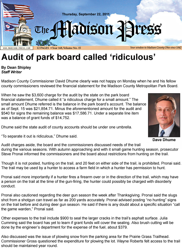 09-22-11 - Madison Press article: Audit of park board called 'ridiculous'